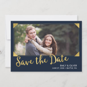 Reserve A Data Frame Elegante Faux Dourado Foto Azul Salvar a Dat