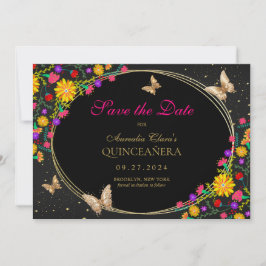 Reserve A Data Frasco Preto Floral Dourado Quinceanera