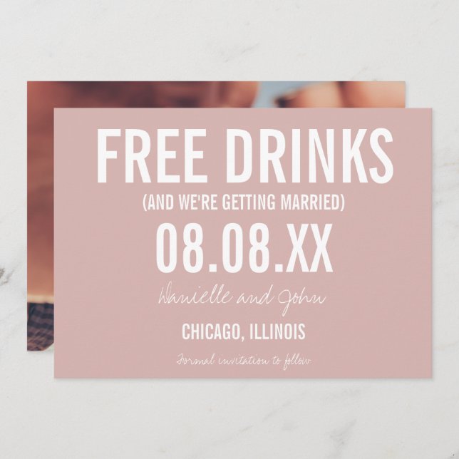 Reserve A Data Free Drinks Blush Pink Foto Casamento Salve a Data (Frente/Verso)