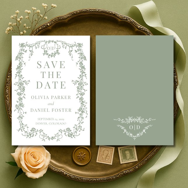 Reserve A Data French Victorian Sage Green Wedding Save the Date (Criador carregado)