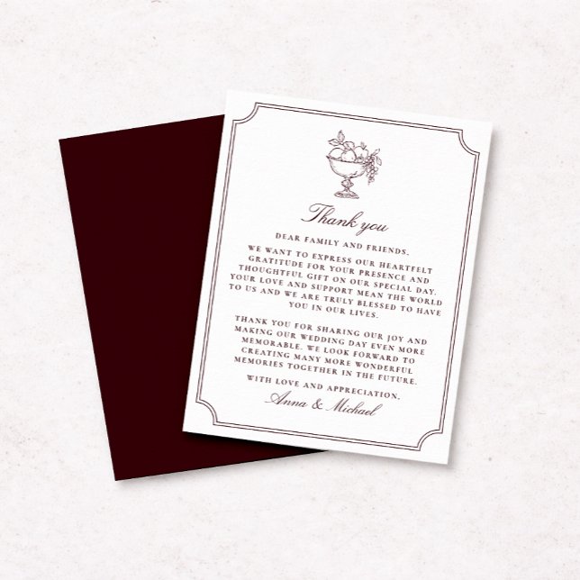 Reserve A Data Fruit Vase Burgundy Wedding Thank You Card (Criador carregado)
