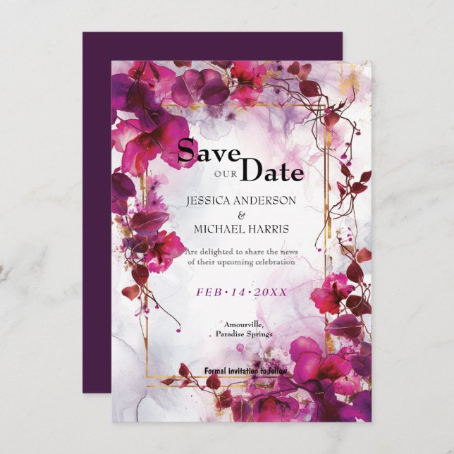Reserve A Data Fuchsia Enchantment: Casamento por Aquarela (Frente/Verso)
