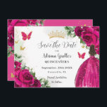 Reserve A Data Fuchsia Hot Pink Floral Princesa Dourada Quinceañe<br><div class="desc">Personalize este bonito aniversário floral cor-de-rosa quente Quinceañera / 16 anos doce de fúcsia, salve a data fácil e rapidamente. Basta clicar no botão personalizar para editar os textos, alterar as fontes e as cores das fontes. Apresentando uma garota vestida com um lindo vestido de bola fuchsia, rosas vibrantes de...</div>