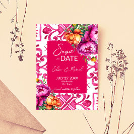 Reserve A Data Fuchsia Majolica azulejo casamento de peônias de l