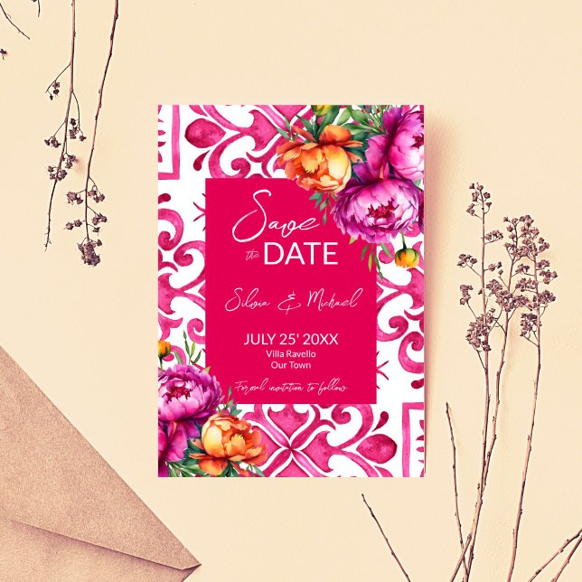 Reserve A Data Fuchsia Majolica azulejo casamento de peônias de l (Fuchsia Majolica tiles orange pink peonies wedding Save The Date card invitation template digital)