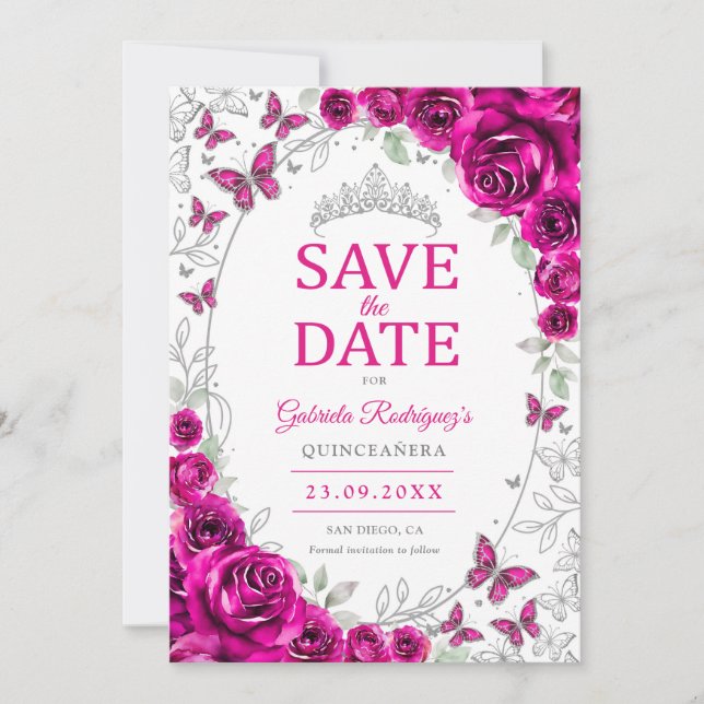 Reserve A Data Fuchsia Rosa Prata Floral Quinceanera (Frente)