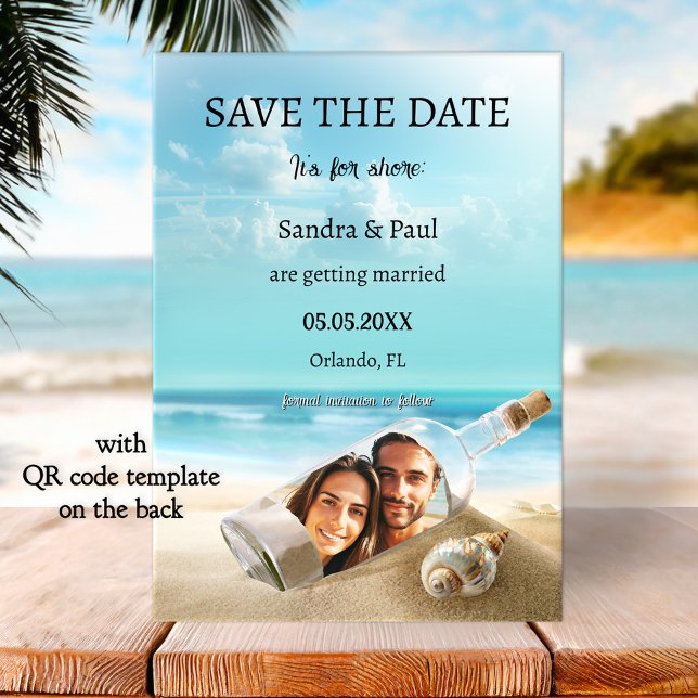 Reserve A Data Funny Beach Bottle Wedding Save the Date Card (Funny beach wedding Save the Date card featuring a bottle washed ashore with your custom photo)