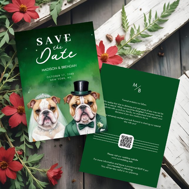 Reserve A Data Funny Bulldog Wedding Couple Cartoon Green Shades (Funny Bulldog Wedding Couple Cartoon Save the Dates Cards in Green Shades. )