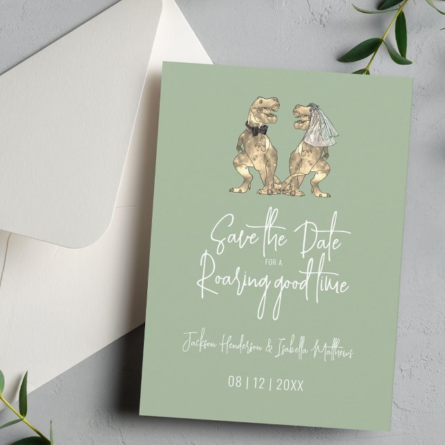 Reserve A Data Funny Dinosaur Weding Sage Green (Funny Dinosaur wedding save the date for a roaring good time quote sage green invitation )