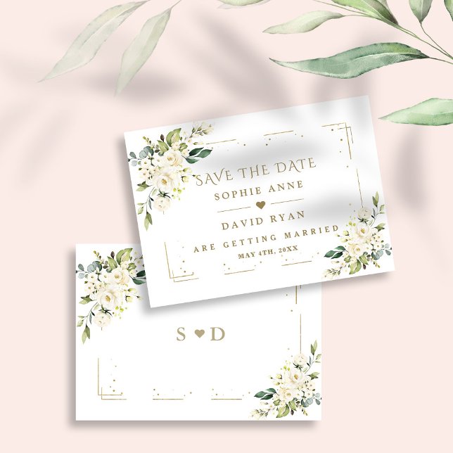 Reserve A Data Fusíveis Brancos Elegantes: Dourado Casamento com  (ELEGANT TRENDY MODERN WHITE FLORAL GOLD WEDDING SAVE THE DATE)
