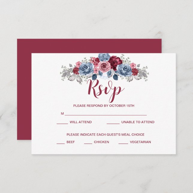 Reserve A Data Gabinete RSVP de Casamento Dusty Blue e Burgundy (Frente/Verso)