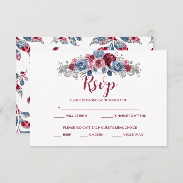 Reserve A Data Gabinete RSVP de Casamento Dusty Blue e Burgundy (Frente/Verso)