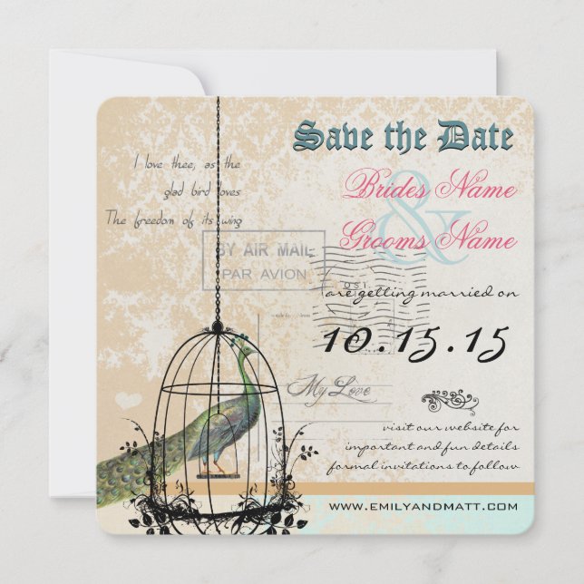 Reserve A Data Gaiola de Pássaro Pavão de Damasco Casamento Save  (Frente)