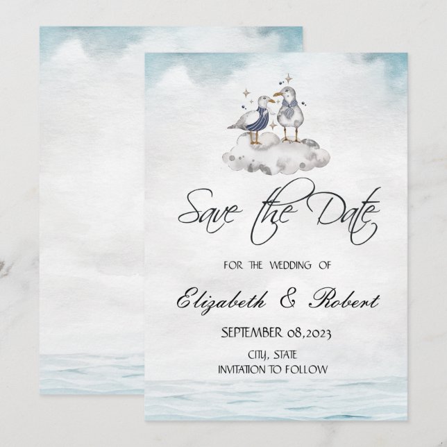 Reserve A Data Gaivotas Aquarela no Beach Save The Date (Frente/Verso)