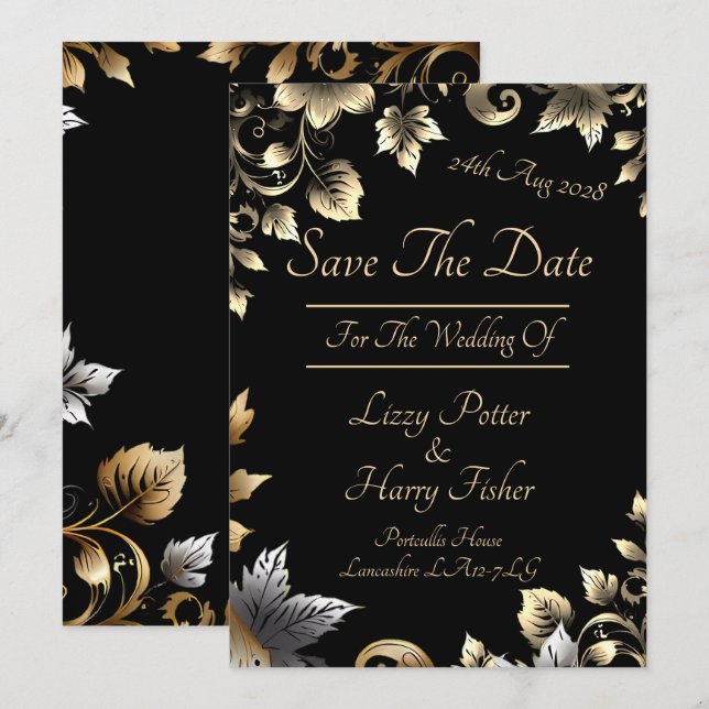 Reserve A Data Gama Floral Preta e Dourada Elegante (Frente/Verso)