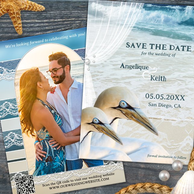 Reserve A Data Gannet Beach QR Code Photo Save the Date Card (Save the Date destination wedding card featuring a romantic design with gannets on a beach)