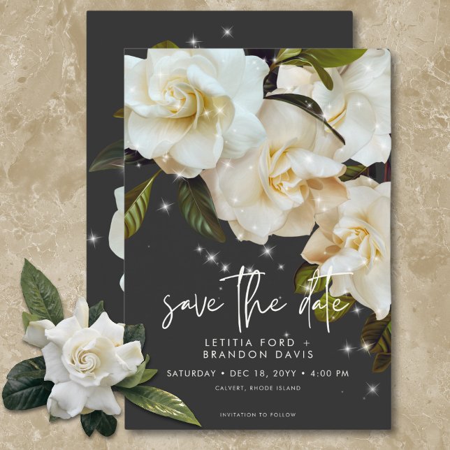 Reserve A Data Gardenias Brancas Modernas em Casamento de Faíscas (Modern White Gardenias on Black Sparkle Wedding Save The Date)