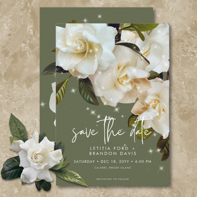 Reserve A Data Gardenias Brancas Modernas no Casamento de Sage Sp (Modern White Gardenias on Sage Sparkle Wedding Save The Date)