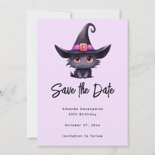 Reserve A Data Gato preto bonito Vestindo chapéu de bruxa