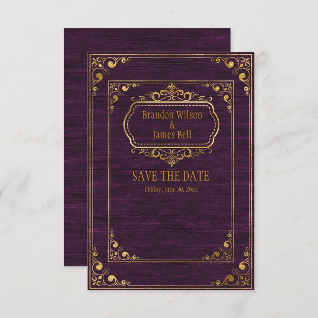 Reserve A Data Gay Casal Brown Barnwood e Dourado Casamento de Qu (Frente/Verso)