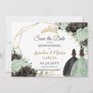Reserve A Data Gêmeas Florais Negras Verdes Sage XV Quinceañera