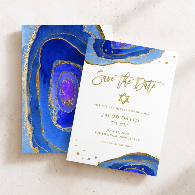Reserve A Data Geodo Azul Aquarela com Ouro | Bar Mitzvah (Criador carregado)