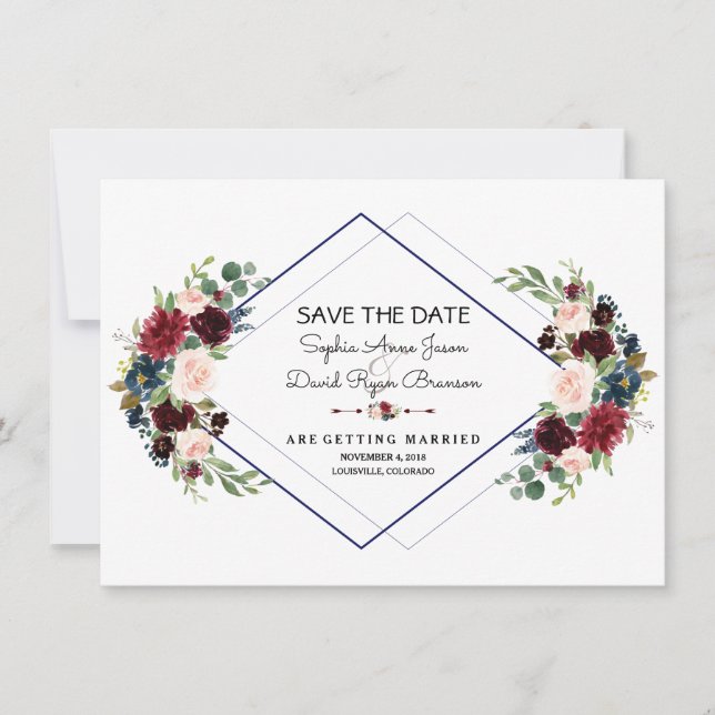 Reserve A Data Geometric Merlot Azul Marinho Floral Save The Date (Frente)