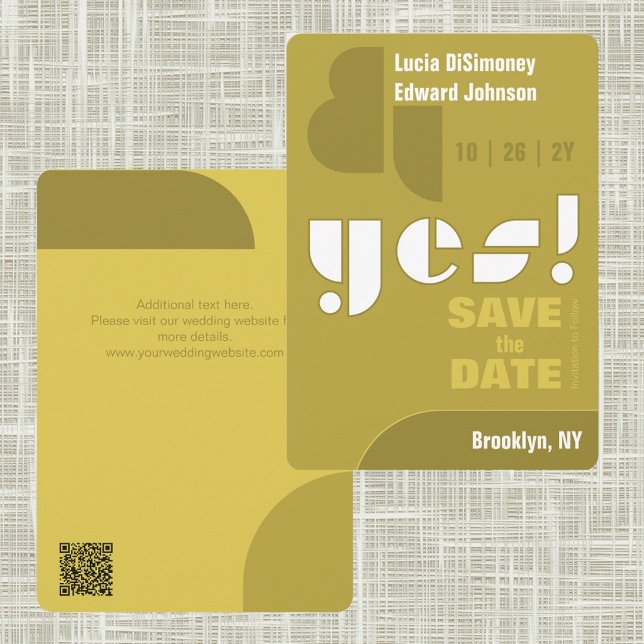 Reserve A Data Geométrico moderno, sim! Green Save The Date Card  (Modern Sophisticated Olive Green Yes! Wedding Save the Date. Abstract Shapes. Geometric Typography.)