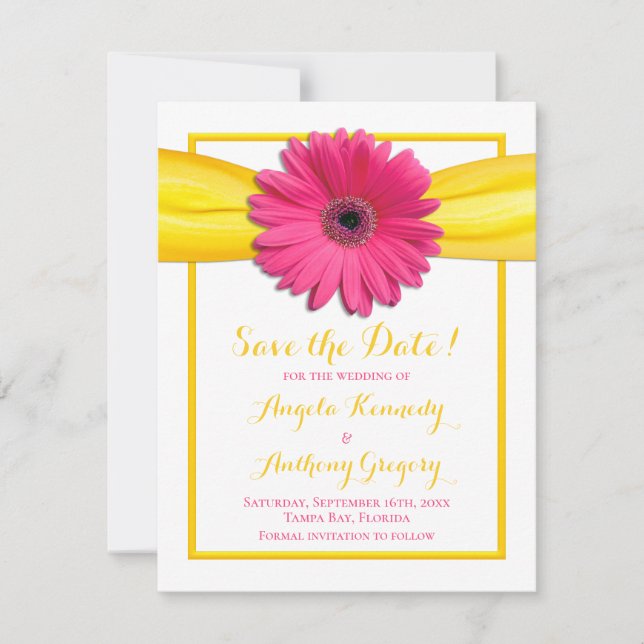 Reserve A Data Gerbera Margarida Rosa Fita Amarela Casamento (Frente)