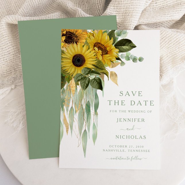 Reserve A Data Girassóis Botânicos Elegantes (Green Sunflower Eucalyptus Wedding Save The Date)