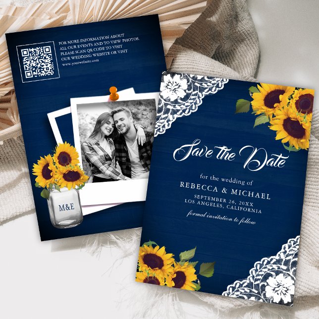 Reserve A Data Girassol Azul Marinho Código QR Foto Casamento (Criador carregado)