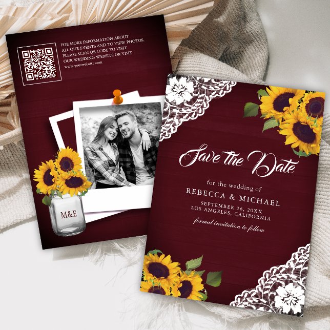 Reserve A Data Girassol Borgonha Código QR Foto Casamento (Criador carregado)