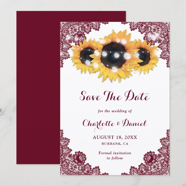 Reserve A Data Girassol Burgundy Renda Casamento Salve A Data (Frente/Verso)