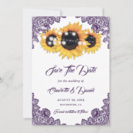 Reserve A Data Girassol Roxo de Renda Floral Casamento Rústico