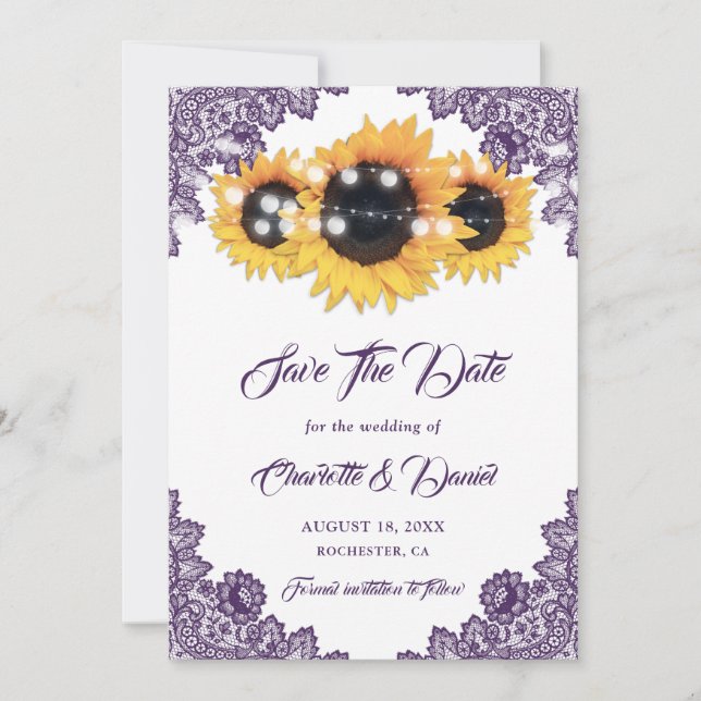 Reserve A Data Girassol Roxo de Renda Floral Casamento Rústico (Frente)