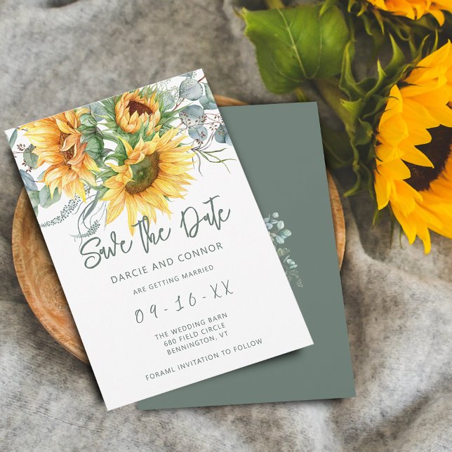 Reserve A Data Girassol Russo Eucalyptus Watercolor (Rustic Sunflower Eucalyptus Watercolor Save The Date)