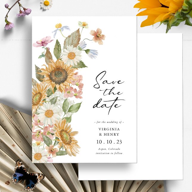 Reserve A Data Girassol Salve A Data (Elegant Watercolor Sunflower Wildflower Botanical Save The Date by Painted Paperie
)