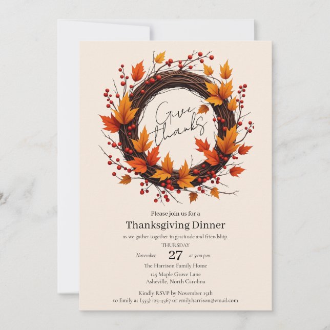 Reserve A Data Give Thanks Autumn Wreath Thanksgiving Invitation  (Frente)