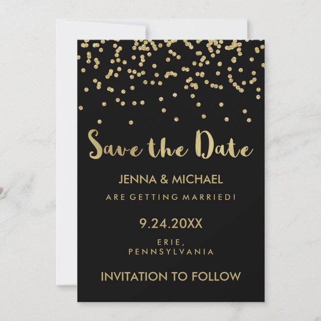 Reserve A Data Glam Dourado Confetti Casamento Salve a Data em Pr (Frente)