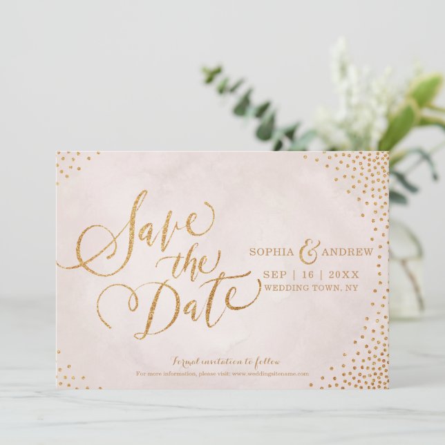 Reserve A Data Glamour blush rosa dourado caligrafia salvar a dat (Em pé/Frente)