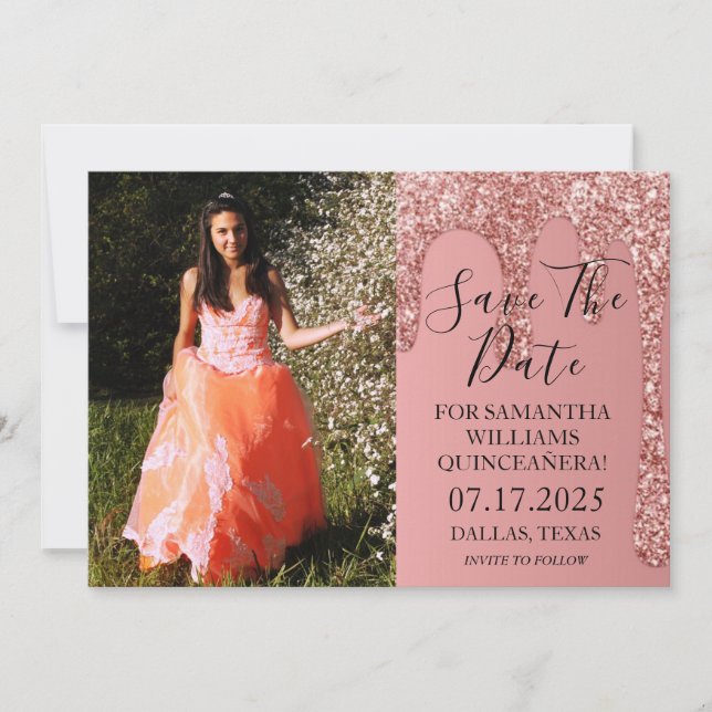 Reserve A Data Glitter de Fotografia Dourada com rosa Quinceanera (Frente)