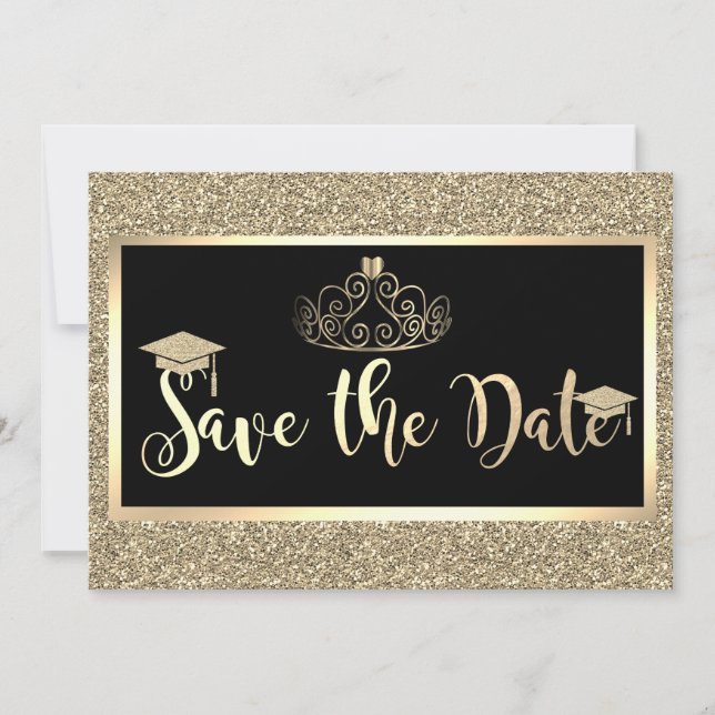 Reserve A Data Glitter Dourado, Coroa de Graduação Save The Date (Frente)