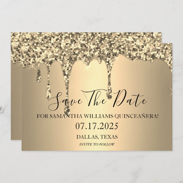 Reserve A Data Glitter Glitter Dourado Quinceanera (Frente/Verso)