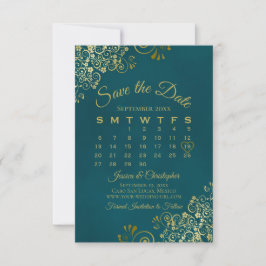 Reserve A Data Gold Curls & Swirls Elegant Teal Wedding Calendar