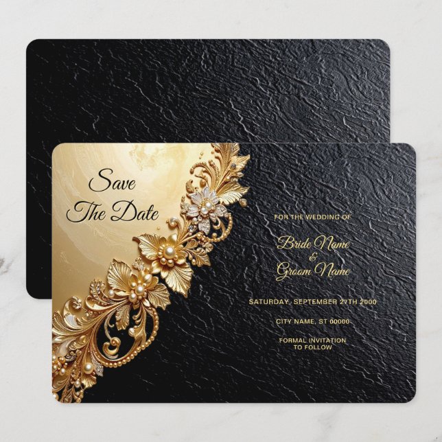 Reserve A Data Gold Floral Embellishments Save The Date (Frente/Verso)