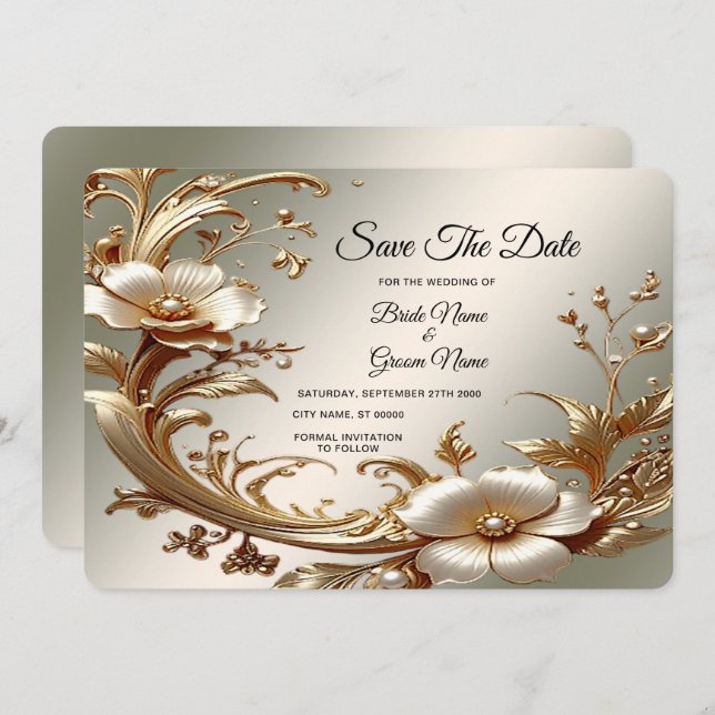 Reserve A Data Gold Floral Save The Date (Frente/Verso)