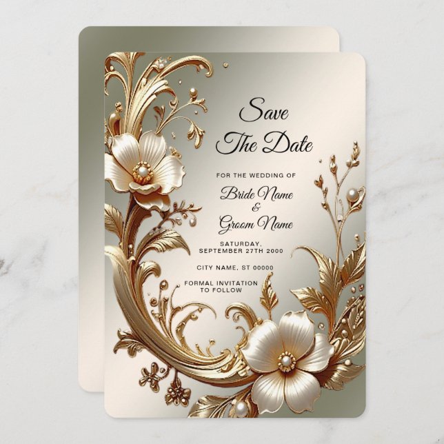 Reserve A Data Gold Floral Save the Date (Frente/Verso)