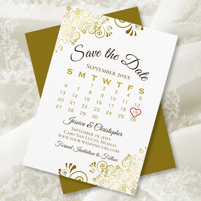 Reserve A Data Gold Frills on White Elegant Wedding Calendar (Criador carregado)