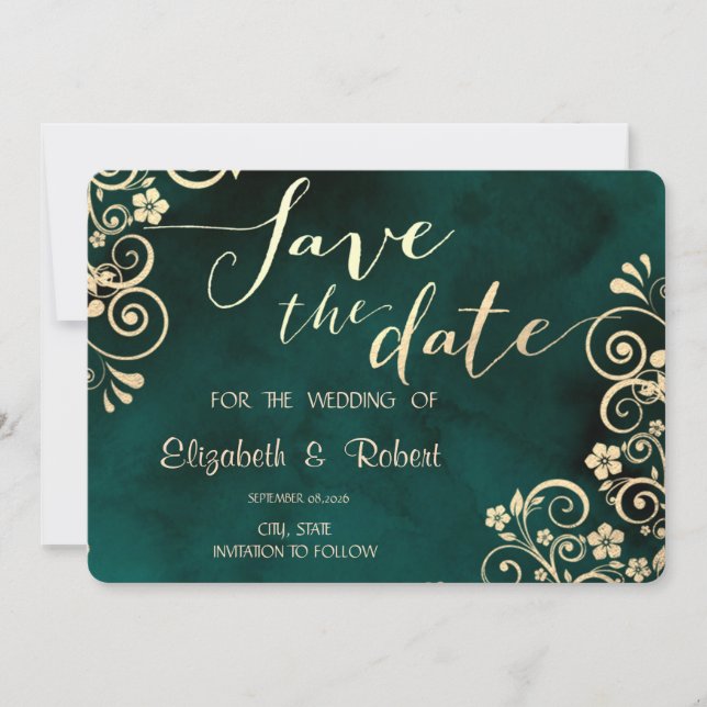 Reserve A Data Gold Swirls Emerald Green Wedding Save The Date (Frente)