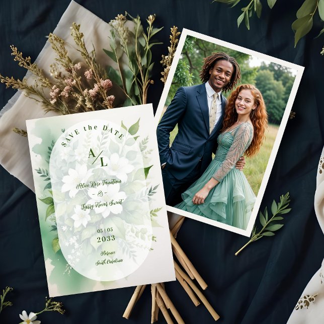 Reserve A Data Gorgeous Boho Translúcido Oval Exuberante Verde (Gorgeous Boho Translucent Oval Overlay Exuberant Greenery Wedding Photo Save the Dates Cards.)
